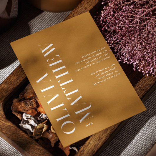 Mosterdgeel minimalistische bruiloft + QR details Kaart