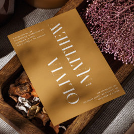 Mosterdgeel minimalistische foto bruiloft + QR cod Kaart