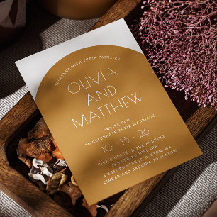 Mosterdgeel moderne typografie boog bruiloft + QR Kaart