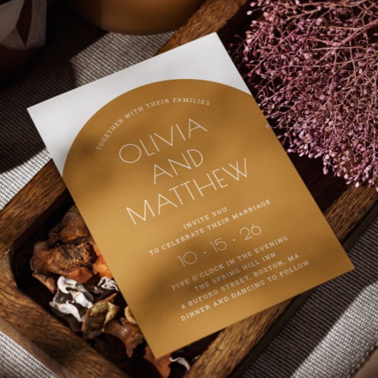 Mosterdgeel moderne typografie boog bruiloft + QR Kaart