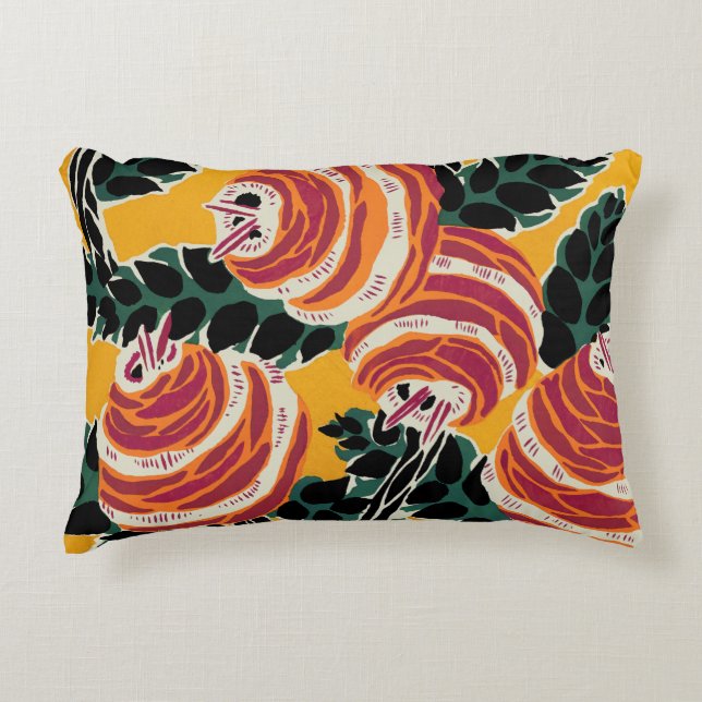 Mosterdgeel & Oranje Art Deco Bloemendecor Accent Kussen (Voorkant)