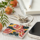 Mosterdgeel & Oranje Art Deco Bloemendecor Sleutelhanger (Voorkant Rechts)