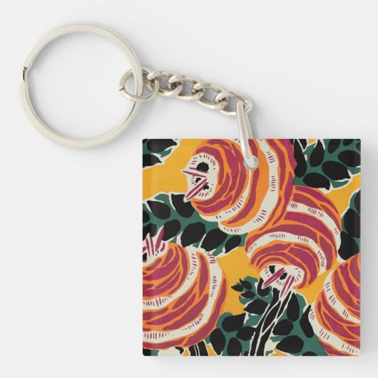 Mosterdgeel & Oranje Art Deco Bloemendecor Sleutelhanger (Voorkant)