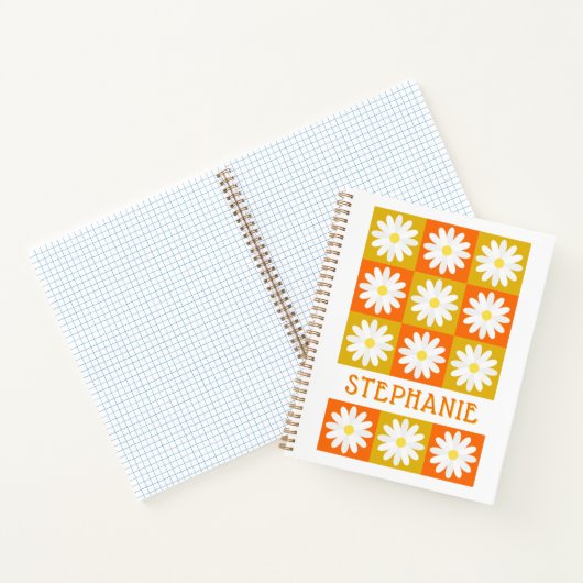 Mosterdgeel Sinaasappel Daisy Retro Checkerboard Notitieboek (Binnen)