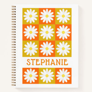 Mosterdgeel Sinaasappel Daisy Retro Checkerboard Notitieboek