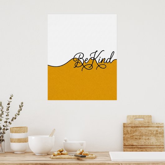 Mosterdgeel & Wit Be Kind Cursief Muurkunst Poster (Keuken)