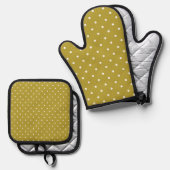 Mosterdgeel witte stippenpatroon ovenwant & pannenlap set (Voorkant / Achterkant)