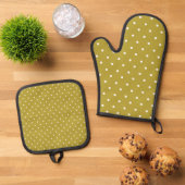 Mosterdgeel witte stippenpatroon ovenwant & pannenlap set (Top down)
