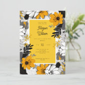Mosterdgeel zwart en wit bloemen bruiloft kaart (Staand voorkant)