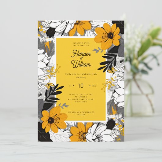 Mosterdgeel zwart en wit bloemen bruiloft kaart (Staand voorkant)