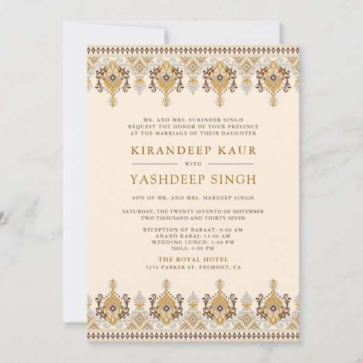 Mosterdgele crème Ikat Anand Karaj Sikh bruiloft Kaart (Achterkant)