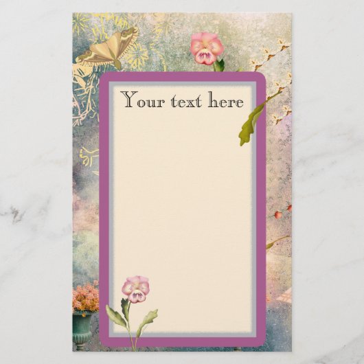 Moten en pansies, gepersonaliseerde romantische ar briefpapier (Voorkant)