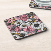 Moten op bloem mengen in roze en grijs bier onderzetter (Linkerzijde)