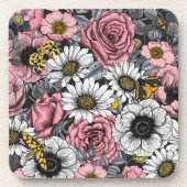 Moten op bloem mengen in roze en grijs bier onderzetter (Voorkant)