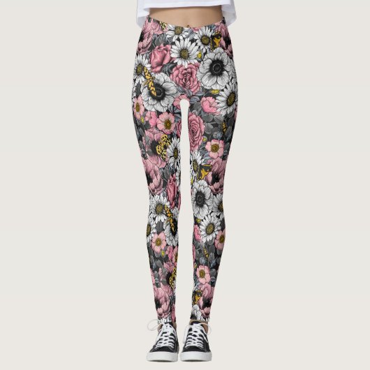 Moten op bloem mengen in roze en grijs leggings (Voorkant)