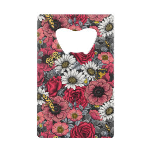 Moten op bloemenmix in rood en grijs creditkaart flessenopener