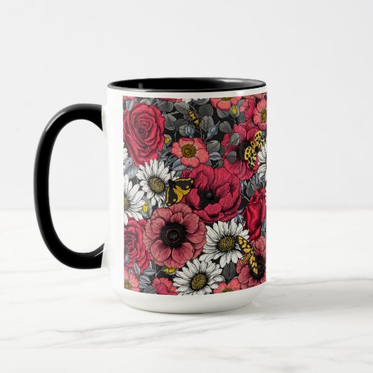 Moten op bloemenmix in rood en grijs mok (Links)