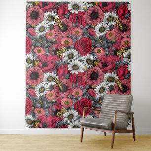 Moten op bloemenmix in rood en grijs wandkleed