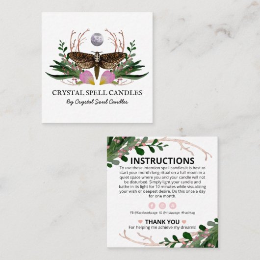 Moth and Moon Candle Inention Spell Vierkante Visitekaartje (Voorkant / Achterkant)