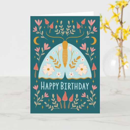 Moth, Moons & Mushrooms Verjaardag Kaart (Gele Bloem)