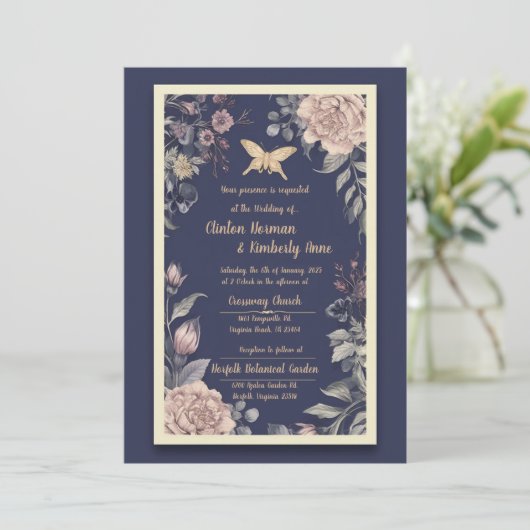 Moth, Roos & Thistle Wedding Invitation II Kaart (Staand voorkant)