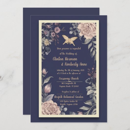 Moth, Roos & Thistle Wedding Invitation II Kaart (Voorkant / Achterkant)