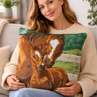 Mother Baby Horse Cross Stitch Style Kussen