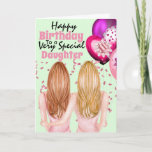 Mother daughter holding pink balloons confetti kaart<br><div class="desc">A beautiful illustration of a woman with long blonde hair holding a bunch of vibrant pink, purple and fuchsia colored balloons sitting with her arm around her daughter who has long strawberry blonde red hair. They are surrounded by soft pink confetti ribbons and glitter. The words, happy birthday to a...</div>