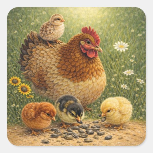 Mother Hen with Chicks Feeding on Sunflower Seeds Vierkante Sticker (Voorkant)