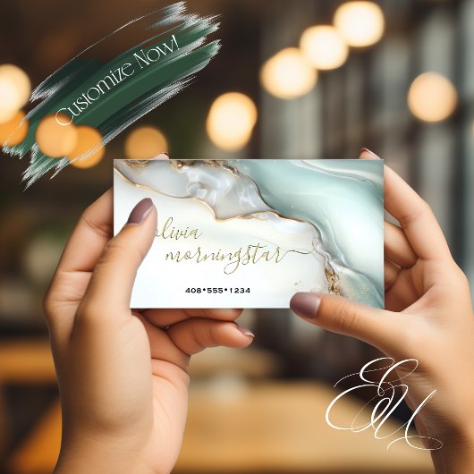 Mother of Pearl  Teal Gold Fluid Alcohol Ink Visitekaartje
