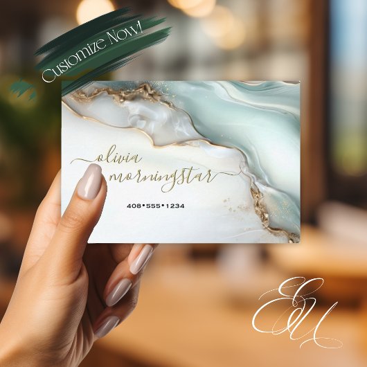 Mother of Pearl  Teal Gold Fluid Alcohol Ink Visitekaartje