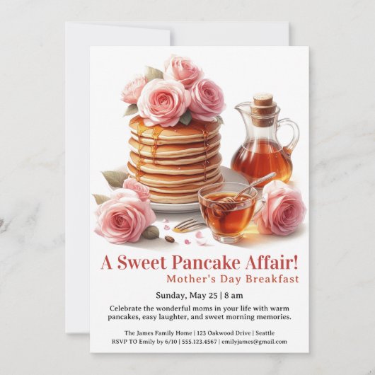 Mother’s Day Breakfast Invitation – Pancakes Roses Kaart (Voorkant)