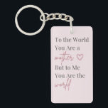 Mother’s Day Keychain<br><div class="desc">Celebrate the love of motherhood with this elegant Mother’s Day keychain featuring the heartfelt quote: “To the world you are a mother, but to me you are the world.” This minimalist typography design combines classic serif lettering with a graceful script font, creating a timeless and meaningful gift for mom. The...</div>