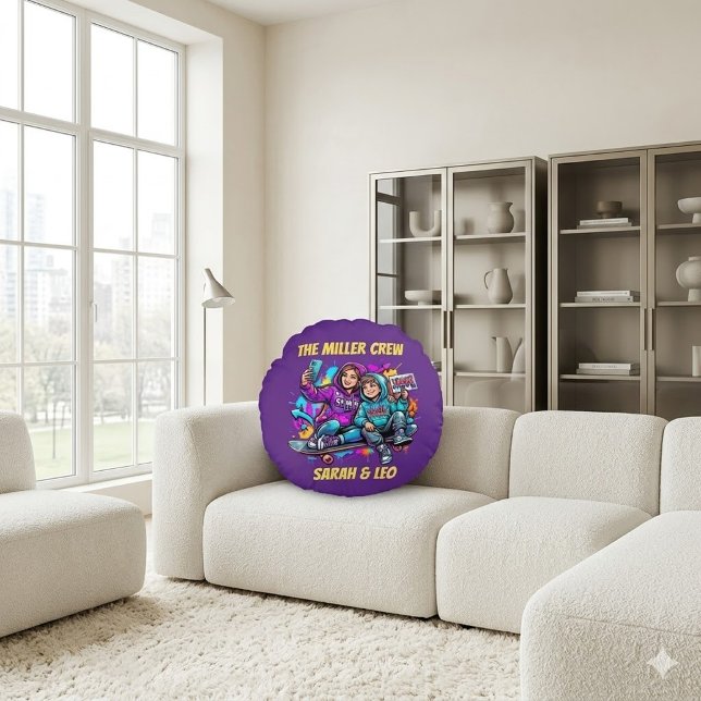 Mother Son Skater Purple Round Pillow Rond Kussen (Creator heeft geüpload)