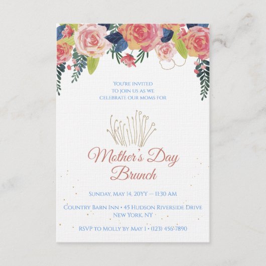 Mother's Day Brunch Floral Navy Blue & Rose Gold Kaart (Voorkant)