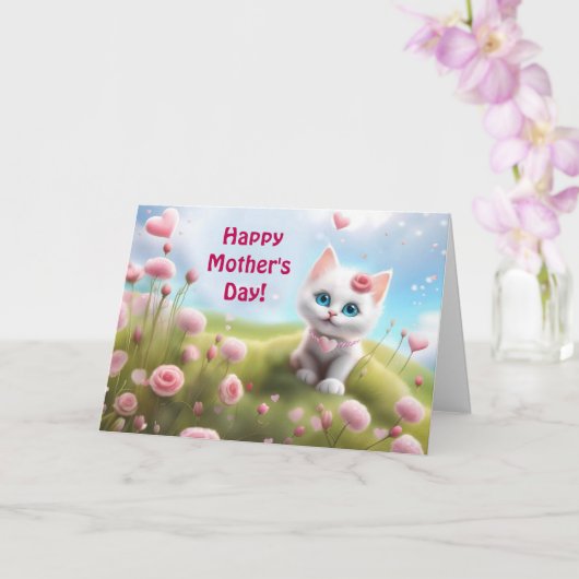 Mothers Day General with Cute White Kitten  Kaart (Orchidee)