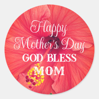 Mother's Day Orange Hibiscus Flower God Bless Mom  Ronde Sticker