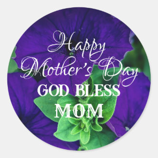 Mother's Day Purple Flower Photo God Bless Mom     Ronde Sticker