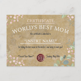 Mother's Day World's Best Mom Certificate Aankondigingskaart