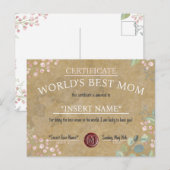 Mother's Day World's Best Mom Certificate Aankondigingskaart (Voorkant / Achterkant)