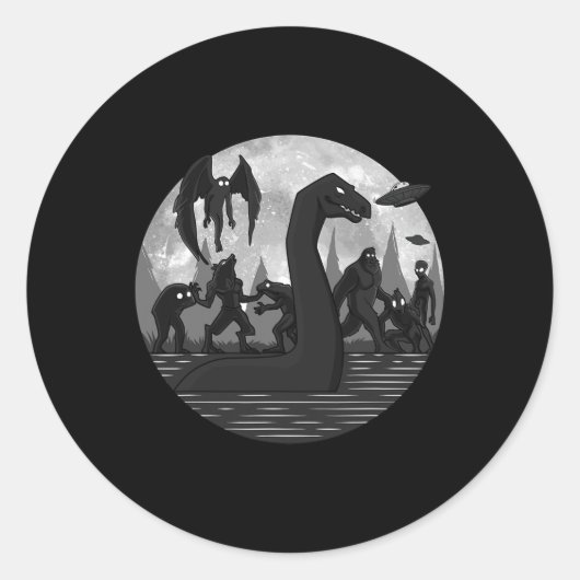 Mothman Bigfoot Loch Ness Monster Aliens Ufo Fun C Ronde Sticker (Voorkant)