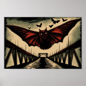 Mothman en Bridge Spooky Woodcut Art Print (Voorkant)