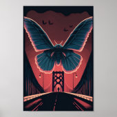 Mothman en Bridge Spooky Woodcut Art Print (Voorkant)