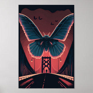 Mothman en Bridge Spooky Woodcut Art Print
