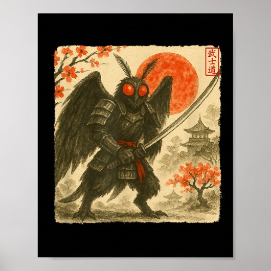 Mothman Samurai Japanese Warrior Costume Sumi-e Ar Poster (Voorkant)