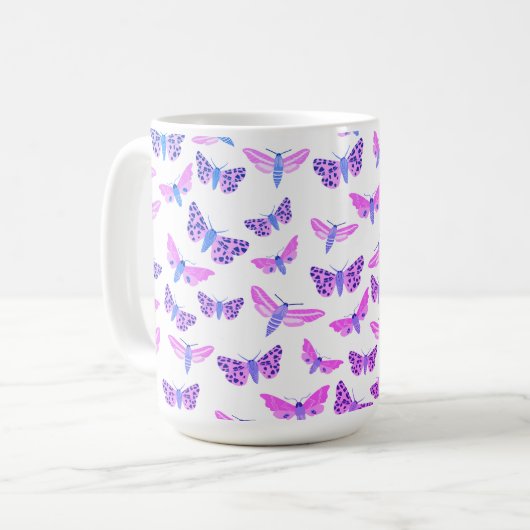 Moths Pattern roze Blue Paars Koffiemok (Voorkant links)