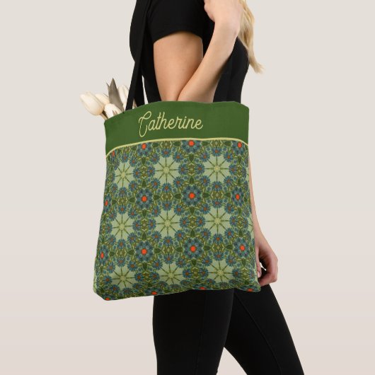  motief in groen met blauwe bloemen tote bag (Dichtbij)