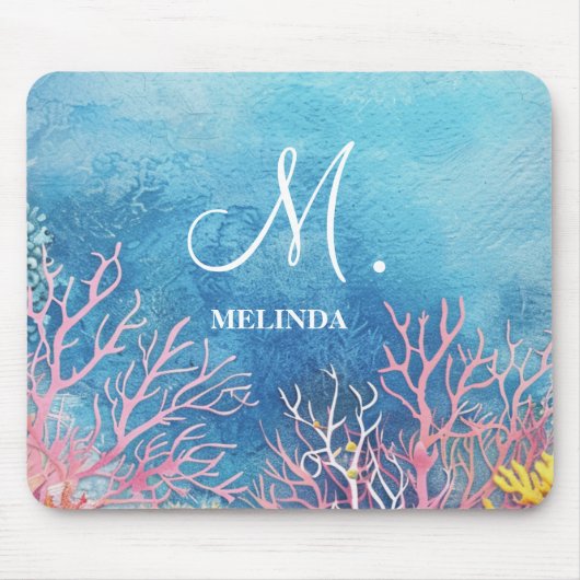 Motif-monogram van modern blauw Zee Muismat (Voorkant)
