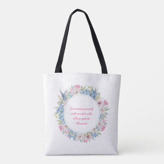Motivatie Citaat Roze White Blue Floral Wreate Tote Bag (Achterkant)
