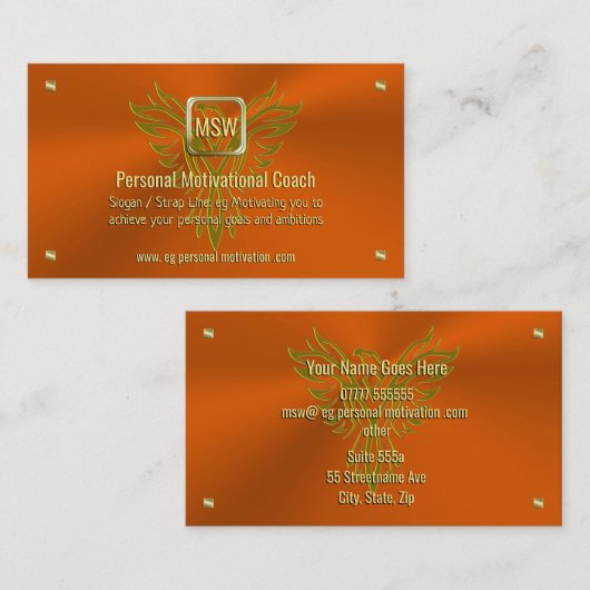 Motivatie coach, Golden Square, Oranje, Phoenix Visitekaartje (Voorkant / Achterkant)